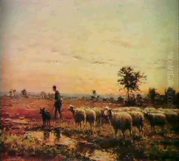 A Shepherd With His Flock At Sunset. Oil Painting by Jean-Ferdinand Chaigneau