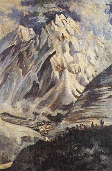 Holy Badrinath Oil Painting by Ramen Chakravorty