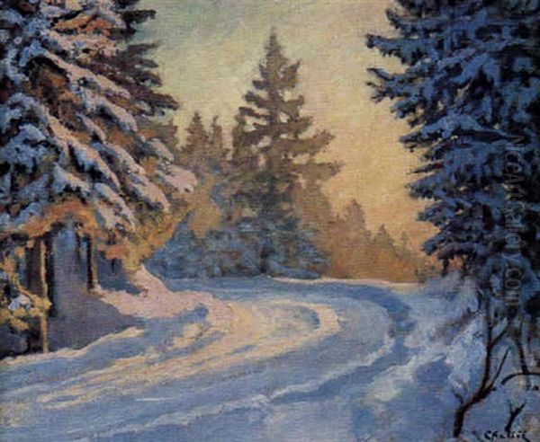 La Route Enneigee Oil Painting by Jean-Laurent Challie