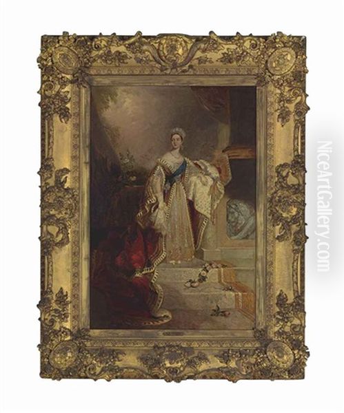 Portrait Of Queen Victoria, Standing Small Full-length, In Coronation Robes Beside A Balustrade Oil Painting by Alfred Edward Chalon