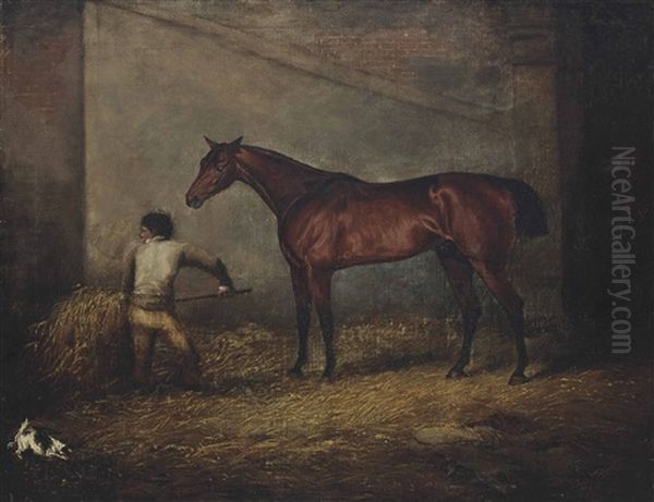 The Thoroughbred Eaton In His Stable With His Groom Oil Painting by Henry Bernard Chalon