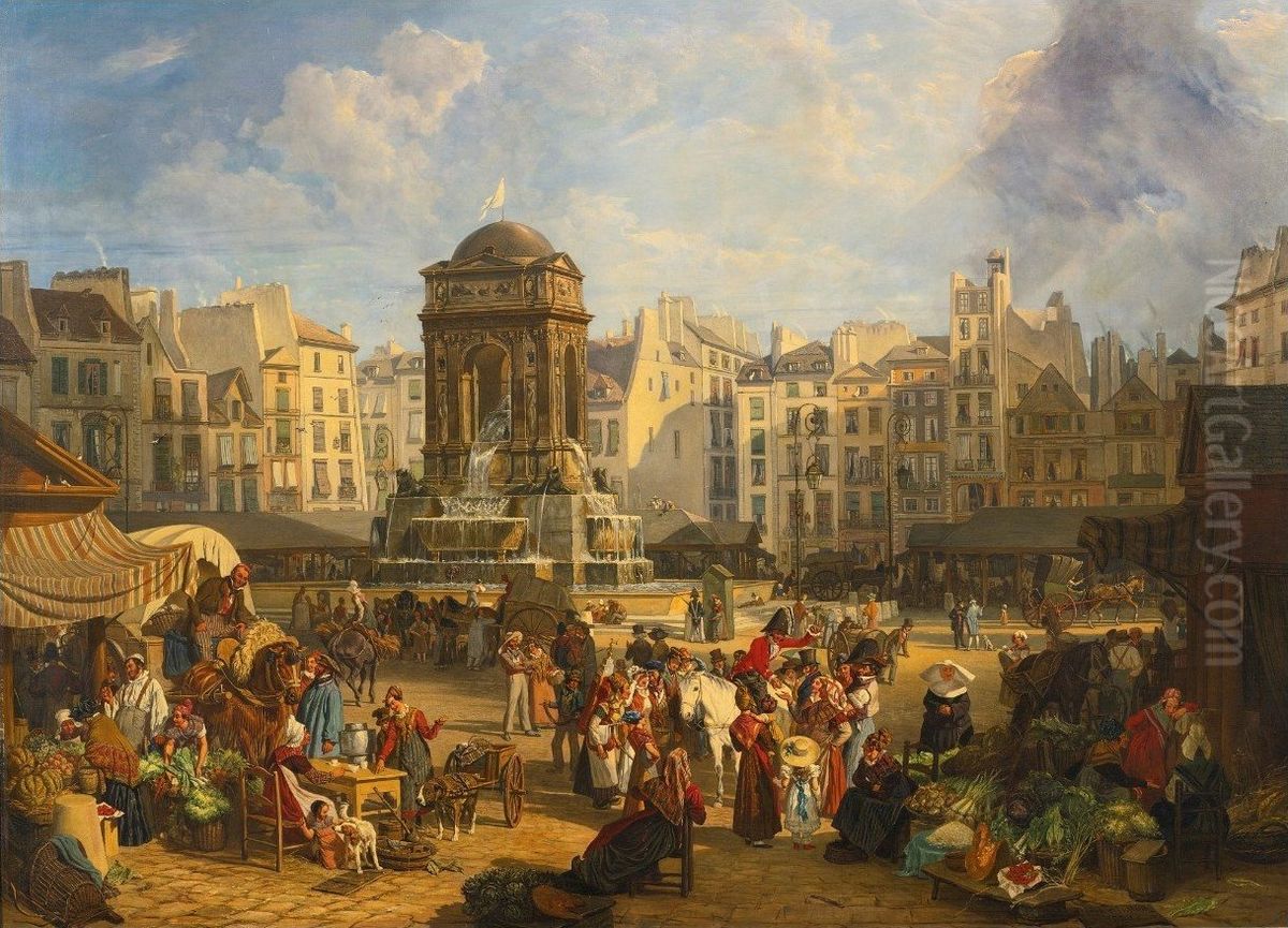 View Of The Market And Fontaine Des Innocents, Paris Oil Painting by John James Chalon