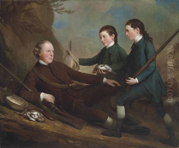 Portrait Of George Lindsay-crawford, 21st Earl Of Crawford (1728-1781), Full-length, Seated On A Bank, Holding A Gun, With His Sons Oil Painting by Mason Chamberlin