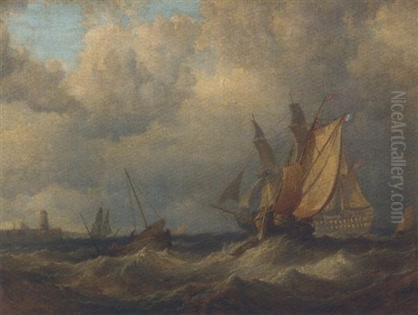 A Royal Naval Two-decker Backing Her Sails And Making Ready To Enter Port Oil Painting by Sir George Chambers