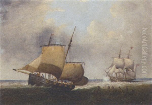 A Naval Brig Astern Of An Armed Lugger Firing A Shot Oil Painting by Sir George Chambers