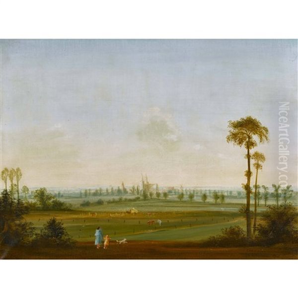 Weite Landschaft Mit Frau, Kind Und Hund Oil Painting by Theodore Champion