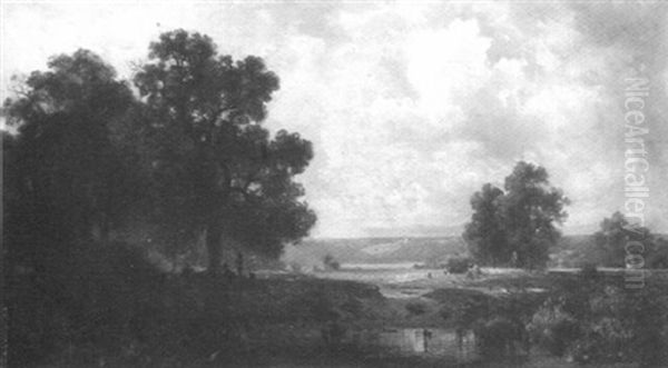 Landscape With Peasants Haying In The Distance Oil Painting by Benjamin Champney