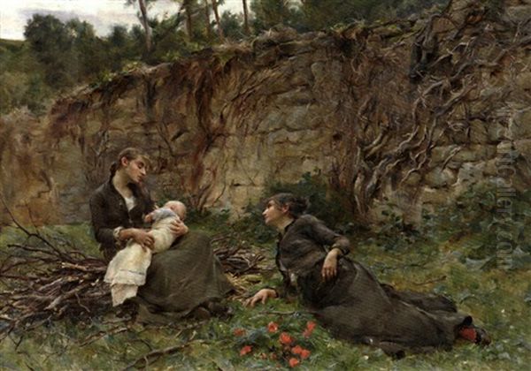 Jeunes Paysannes Et Le Nouveau-ne Oil Painting by Therese De Champ-Renaud