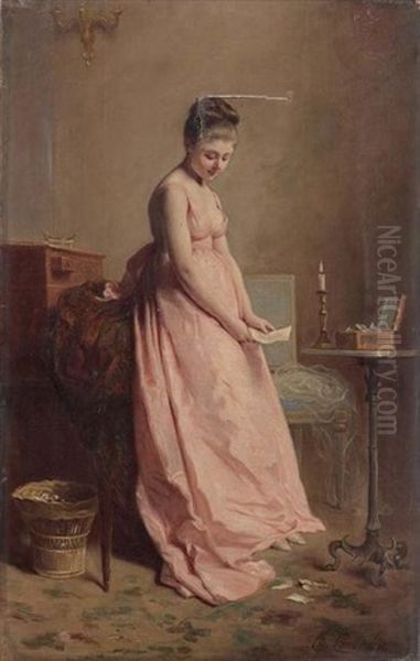 Elegante A La Robe Rose Tenant Une Lettre Oil Painting by Charles Joshua Chaplin