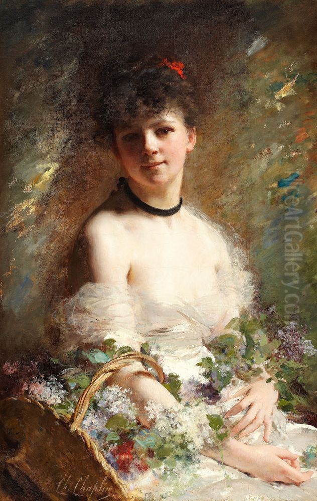 Young Woman With Flower Basket Oil Painting by Charles Joshua Chaplin