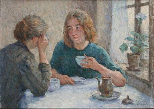 L'heure Du The Oil Painting by Emile Ancelet