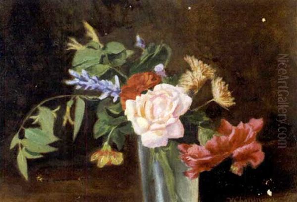 Bouquet Of Flowers In A Glass (+ Roses In A Two-handled Pot, 1908; 2 Works) Oil Painting by Conrad Wise Chapman