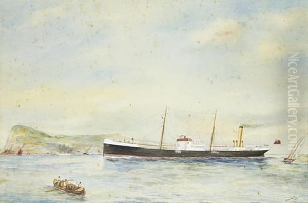 Two Ship Portraits: An Unidentified Coaster At Sea (+ The Coaster Unio In The Mediterranean, 1920, Watercolor, Smllr; 2 Works) Oil Painting by Reuben Chappell Of Poole
