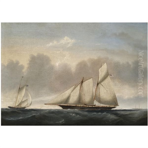 A Naval Schooner In Two Positions Oil Painting by Reuben Chappell Of Poole