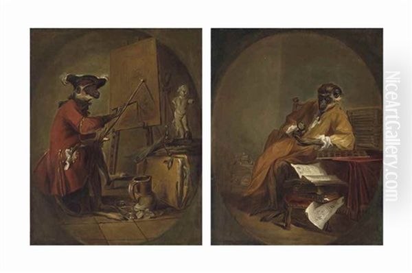 Le Singe Peintre ('the Monkey Painter'); And Le Singe Antiquaire ('the Monkey Antiquarian') Oil Painting by Jean-Baptiste-Simeon Chardin