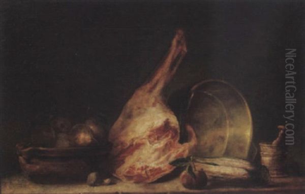 A Ham, A Terracotta Bowl, A Copper Cauldron, Pears And A Pestle And Mortar On A Table Oil Painting by Jean-Baptiste-Simeon Chardin