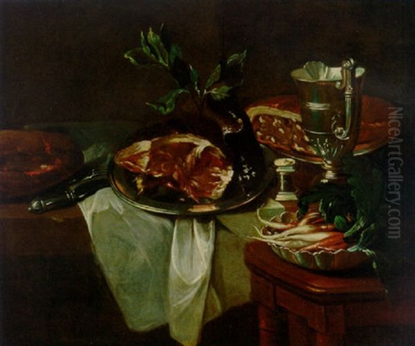 A Loaf Of Bread, A Ham On A Salver, And A Gilt Jug With A Knife And Fork On A Draped Ledge, With A Bowl Of Radishes On A Stool Oil Painting by Jean-Baptiste-Simeon Chardin
