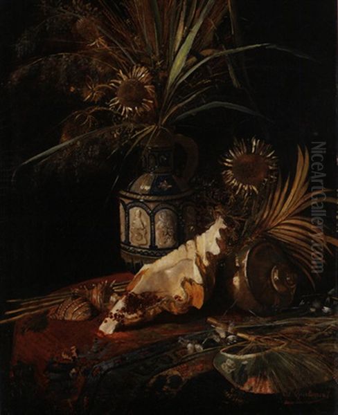 Stilleben Mit Trockenblumen In Steingutkrug Und Weichtierschalen Oil Painting by Eduard Charlemont