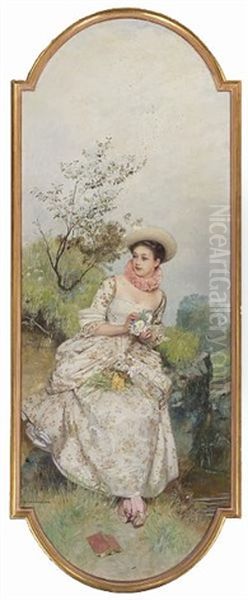 A Portrait Of A Young Lady Seated On A Wall (+ A Portrait Of A Woman, Seated On A Balustrade, Holding A Guitar; Pair) Oil Painting by Eduard Charlemont