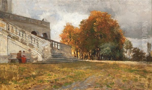 Resting At The Bottom Of The Castle Steps Oil Painting by Hugo Charlemont