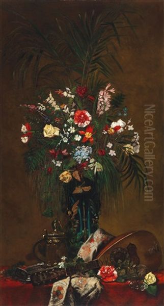 Still Life With Flowers And Lute Oil Painting by Hugo Charlemont