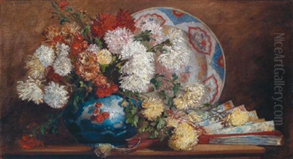 Blumenstuck Mit Asiatischen Teller Und Facher Oil Painting by Hugo Charlemont