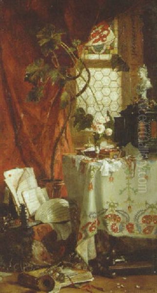 A Still Life With Musical Instruments, Pink Roses, Jewlery And A Book On A Draped Table Oil Painting by Hugo Charlemont