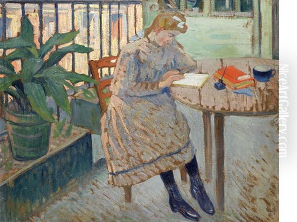 Girl Reading On A Shaded Balcony Oil Painting by Louis Charlot