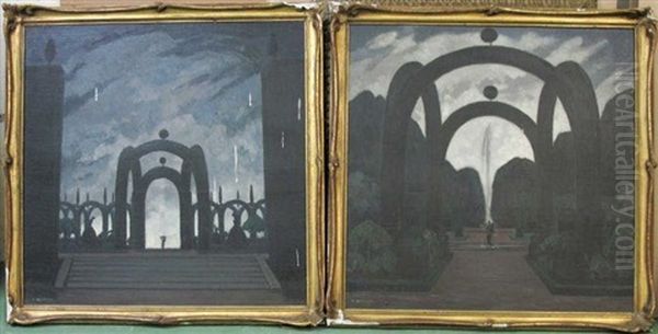 Deux Jardins Aux Arceaux Le Soir (pair) Oil Painting by Raymond Louis Charmaison
