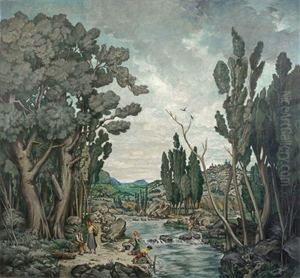 Les Lavandieres Oil Painting by Raymond Louis Charmaison