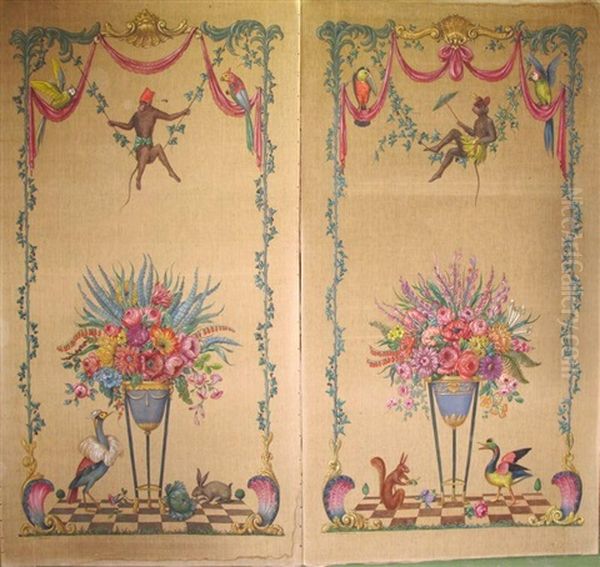 Atheniennes Fleuries, D'animaux Et D'oiseaux Exotiques Dans Un Entourage De Guirlandes De Fleurs (pair) Oil Painting by Raymond Louis Charmaison