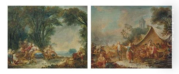 Couple Dansant Dans Un Campement; (+ Scene Galante Dans Un Paysage; Pair) Oil Painting by Jean-Baptiste Charpentier the Elder
