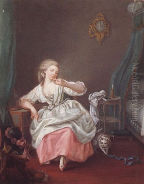 A Bedroom Interior With A Young Girl Holding A Song Bird Oil Painting by Jean-Baptiste Charpentier the Elder
