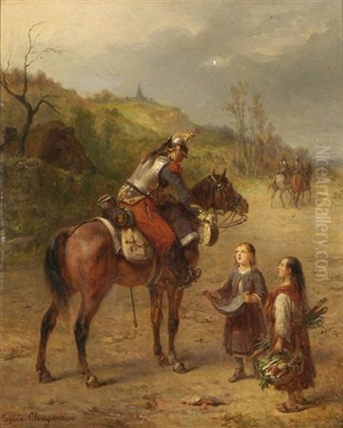Kurassier Zu Pferd Mit Bettelnden Kindern Oil Painting by Eugene Charpentier