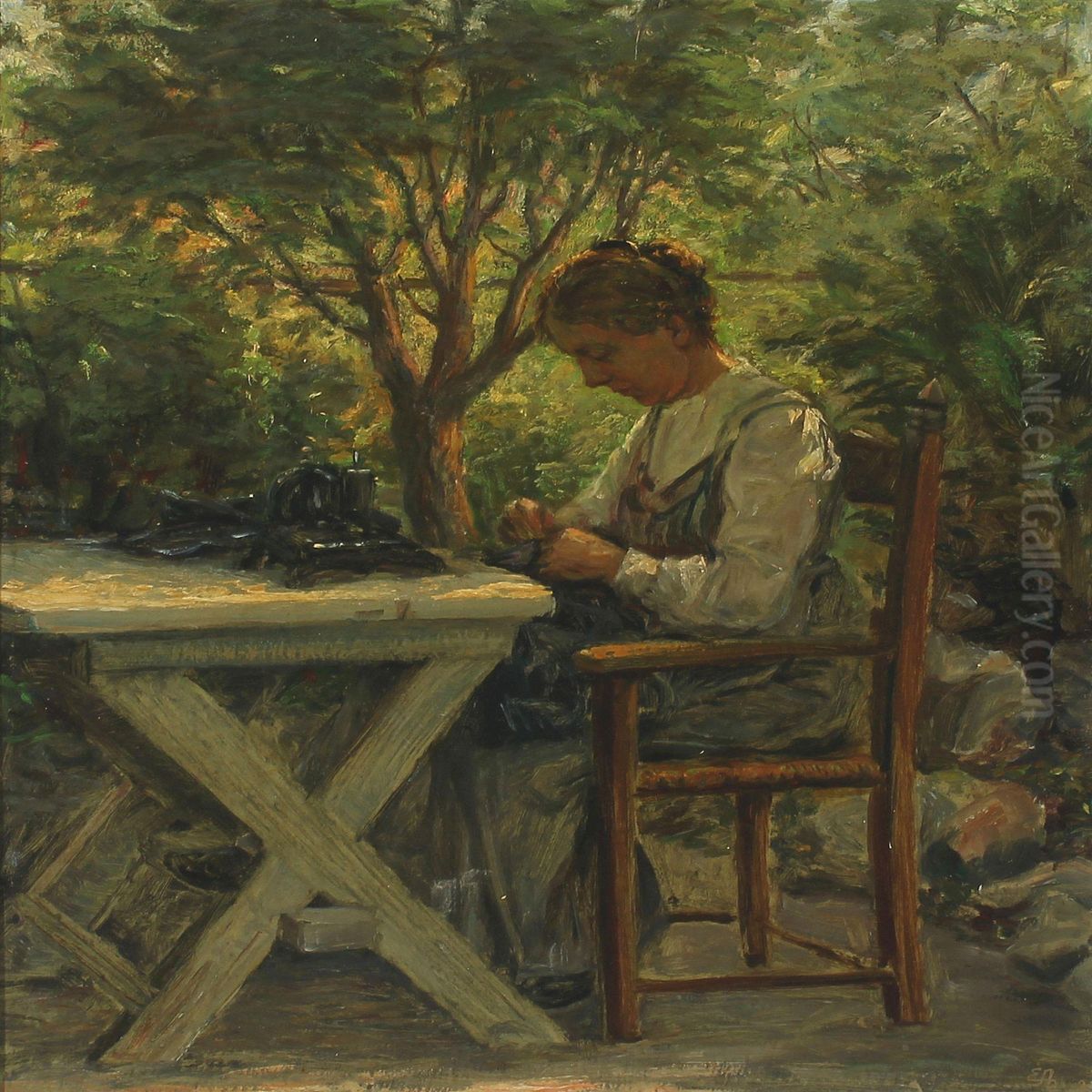 Exterior With Sewing Woman Oil Painting by Erik Andersen