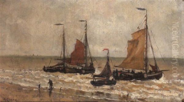 Sailing Vessels At Shore Oil Painting by Henry Chase