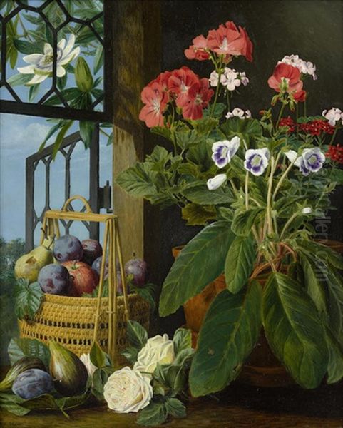 A Still Life With Potted Flowers And Fruit Oil Painting by Marian Emma Chase