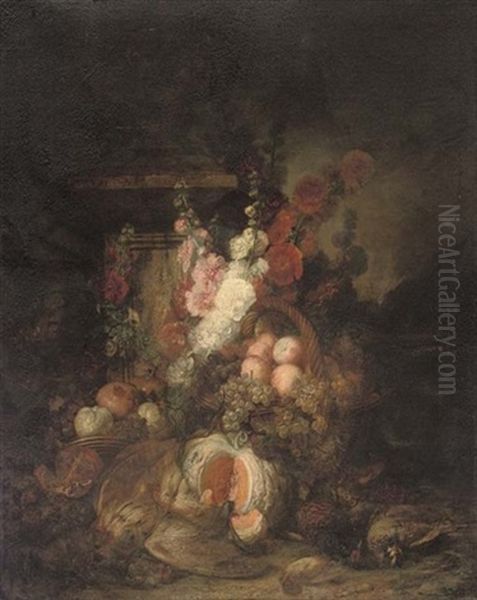 Roses, Grapes On The Vine, Pomegranates, Peaches, Strawberries, A Melon And Dead Game Birds By A Basket Near A Plinth In A Garden Clearing Oil Painting by Henri-Jean-Saint-Ange Chasselat