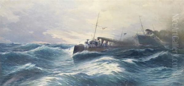 Seascape/the Destroyer Thyella Oil Painting by Vasilios Chatzis