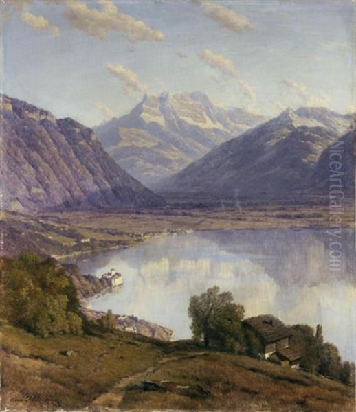Vue De Glyon (view Of Glyon) Oil Painting by Alfred Chavannes