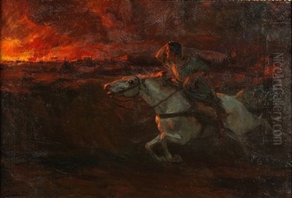 Vinicio Galopando Hacia Roma Incendiada Oil Painting by Ulpiano Checa y Sanz