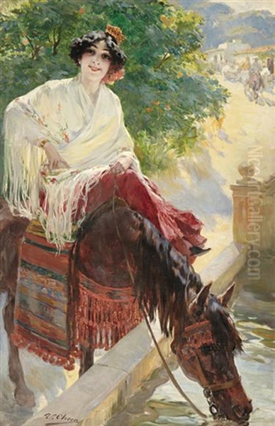 After The Fair Oil Painting by Ulpiano Checa y Sanz