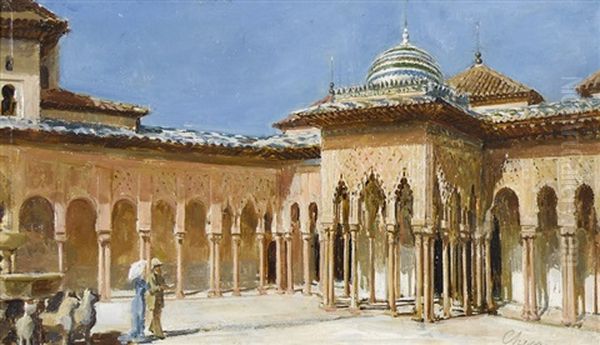 El Patio De Los Leones De La Alhambra Oil Painting by Ulpiano Checa y Sanz