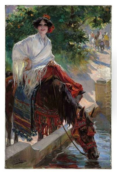 Watering The Horse Oil Painting by Ulpiano Checa y Sanz