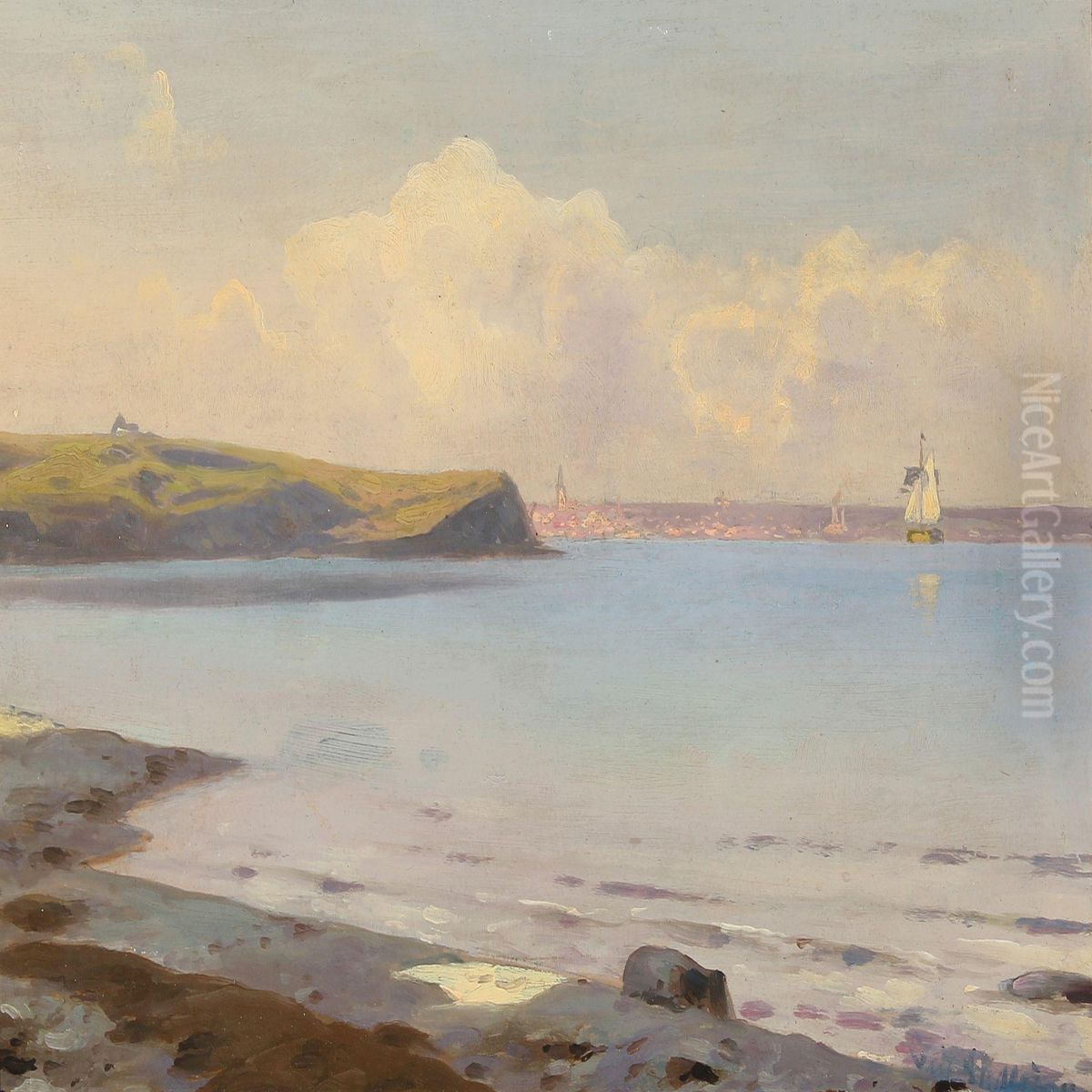 Coastel Scenery, In The Background The City Of Aarhus Oil Painting by Julius Andersen