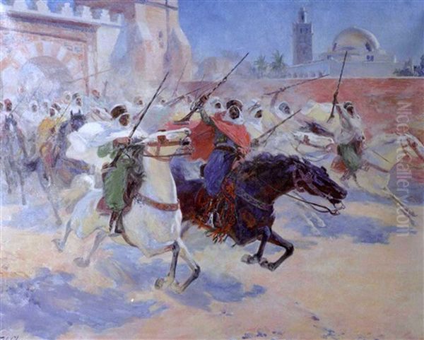 Jinetes Arabes Al Asalto (arab Horsemen On The Assault) Oil Painting by Ulpiano Checa y Sanz