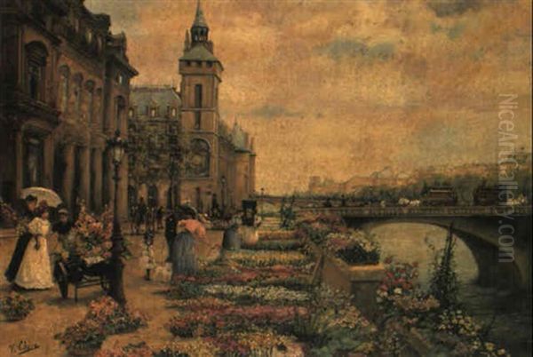 A Flower Market On The Seine Oil Painting by Ulpiano Checa y Sanz
