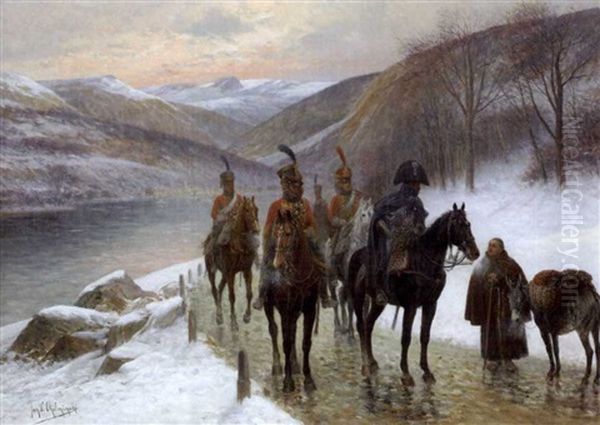 Mounted Soldiers Meeting A Friar On A Snowy Road Oil Painting by Jan van Chelminski