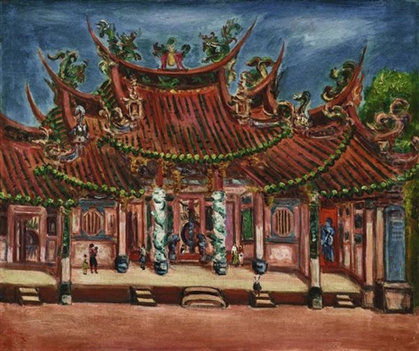 In Front Of The Temple (changhua Nanyiao Temple) Oil Painting by Chen Cheng-Po