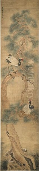 Two Cranes On A Pine Tree Oil Painting by Chen Hongshou